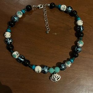 Handmade Blue and Black Flower Beaded Lotus Choker Necklace